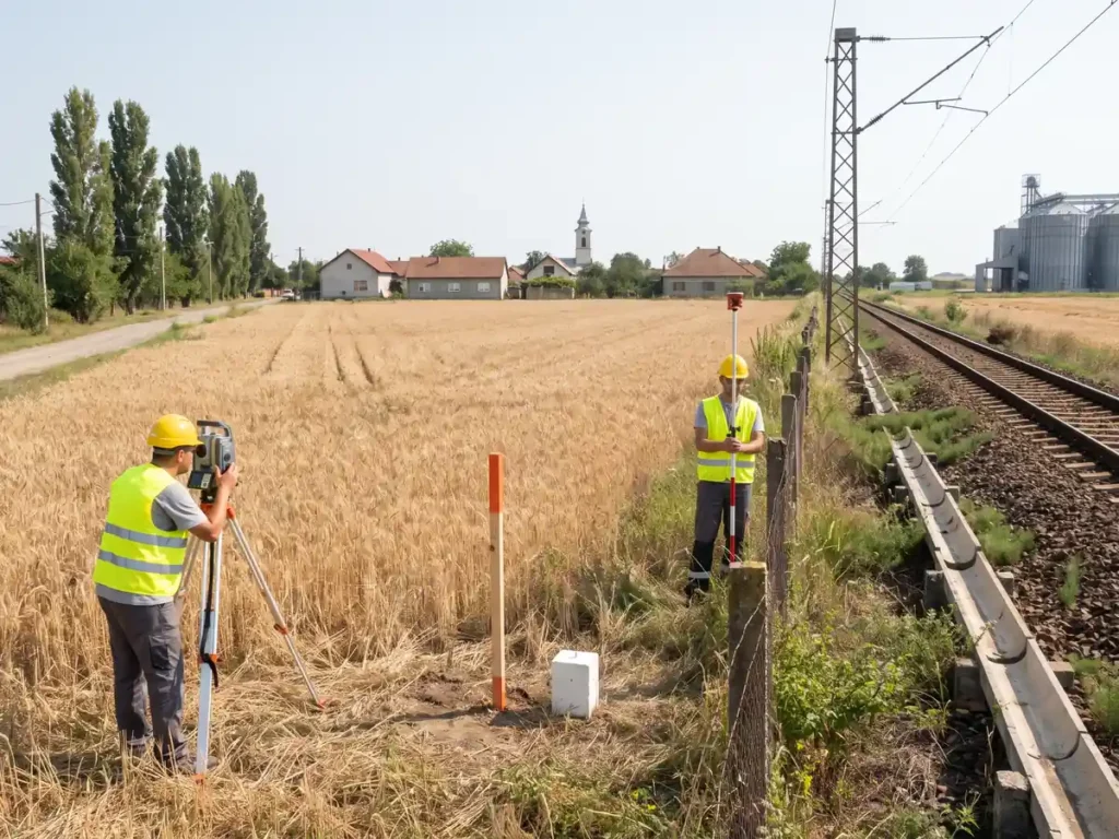 Doi topografi masoara cu statie totala limita unui teren agricol la marginea unui terasament de cale ferata electrificata, langa un tarus de hotar proaspat batut