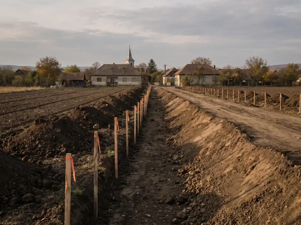Țăruși de topograf și terasament de drum în construcție pe terenurile agricole de la marginea orașului Rădăuți
