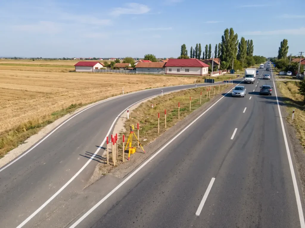Fâșie de teren agricol jalonată pentru expropriere lângă intersecția DN 1 cu breteaua DN 1B, la nordul Ploieștiului
