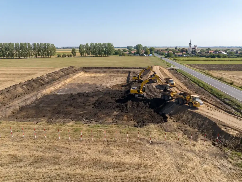 Groapă de împrumut săpată lângă terasamentul Drumului expres Arad-Oradea, cu țăruși de expropriere pe marginea lanurilor