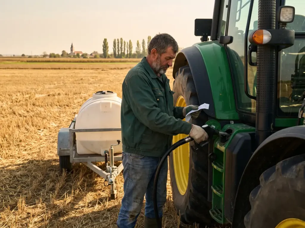 Fermier care alimentează un tractor cu motorină dintr-un rezervor de fermă, ținând chitanța în mână, pe un teren agricol din sudul României