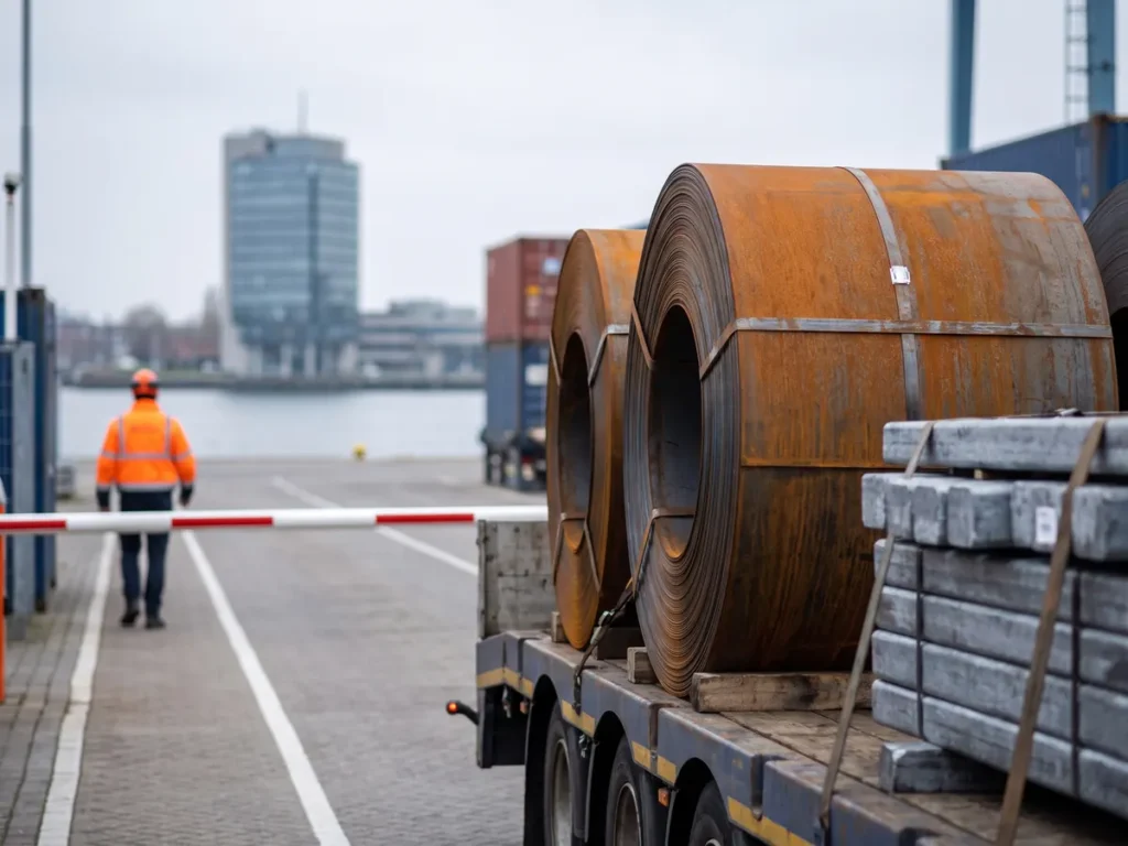 Terminal portuar de containere cu bobine de oțel și lingouri de aluminiu importate, oprite la bariera vamală, ilustrând garanția bancară cerută pentru statutul de declarant autorizat CBAM