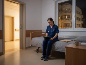 O doctorita obosita sta pe marginea patului in camera de garda a unui spital, noaptea