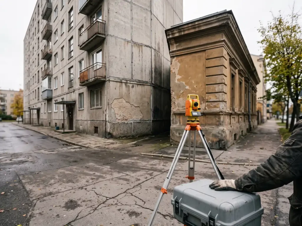 Bloc de panouri din anii 1980 și o clădire interbelică pe aceeași stradă, cu un trepied de topograf între ele