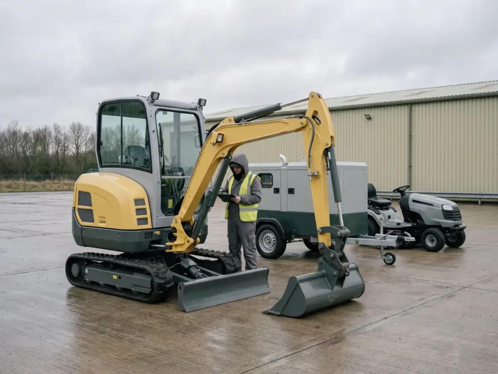 Miniexcavator, generator mobil și mașină de tuns iarba aliniate într-o platformă betonată, verificate de un lucrător cu tabletă