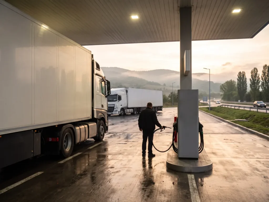 Camioane alimentate cu motorina la o benzinarie de autostrada, imagine care ilustreaza compensarea partiala a accizei pentru transportatori