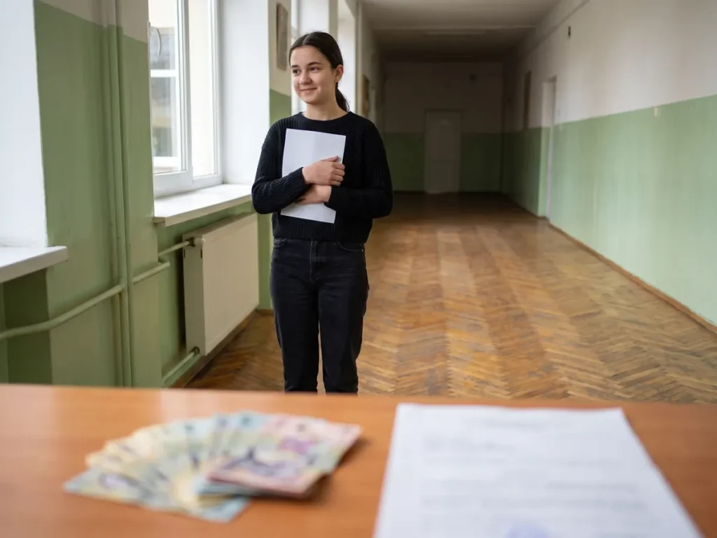 Absolventă cu diplomă în mână, lângă bancnote în lei, ilustrând stimulentele financiare de 5.000 și 2.000 de lei pentru media 10