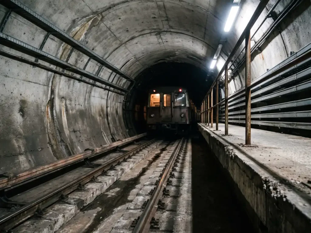 Capătul unui peron de metrou, cu șinele intrând în gura tunelului și coada unui tren care se depărtează