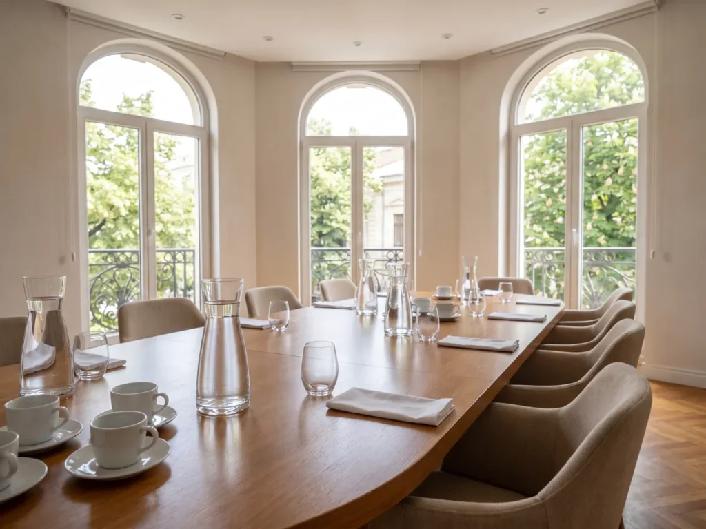 Masă ovală pregătită pentru o reuniune internațională într-o clădire interbelică restaurată din București, cu cești de cafea, pahare și carafe de sticlă, imagine legată de forumul de trei zile finanțat cu 287.671 de lei.