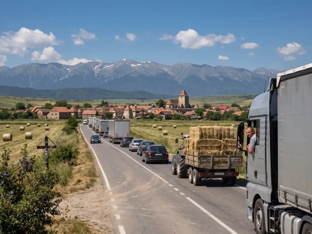 Un șofer de camion așteaptă cu cotul rezemat pe geamul deschis, într-o coloană oprită în spatele unui tractor cu remorcă de fân.