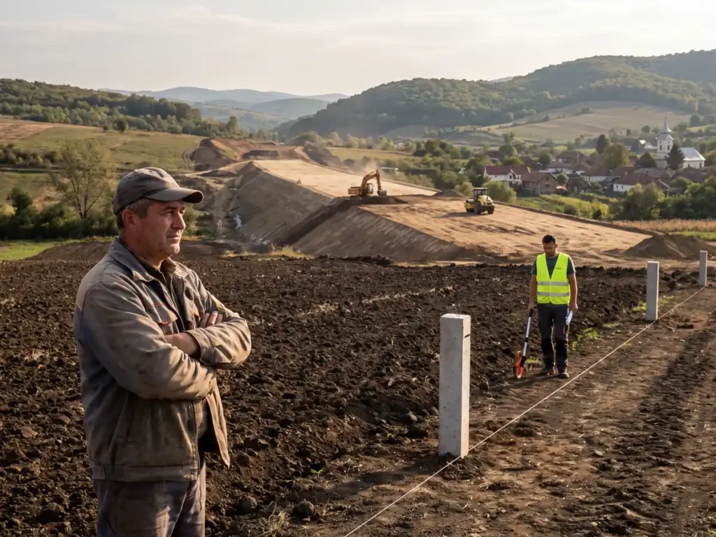 Proprietar stă pe parcela lui arată, lângă bornele noi de hotar, în timp ce un excavator lucrează la terasamentul autostrăzii din fundal