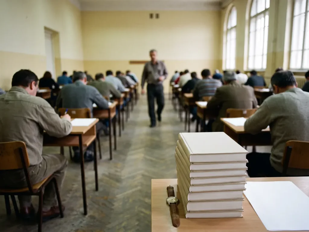 Candidați adulți scriind la bănci individuale într-o sală de examen, cu un teanc de volume groase în prim-plan