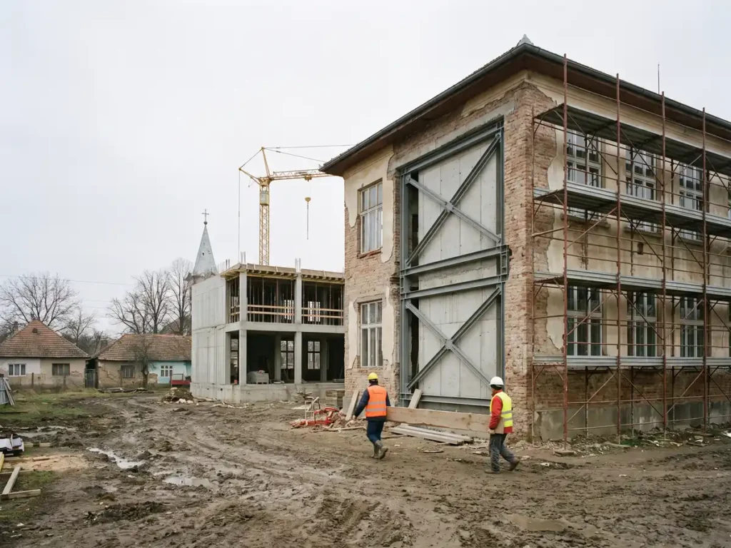Școală în lucrări de consolidare seismică, cu schele pe fațadă și structura unei aripi noi alături