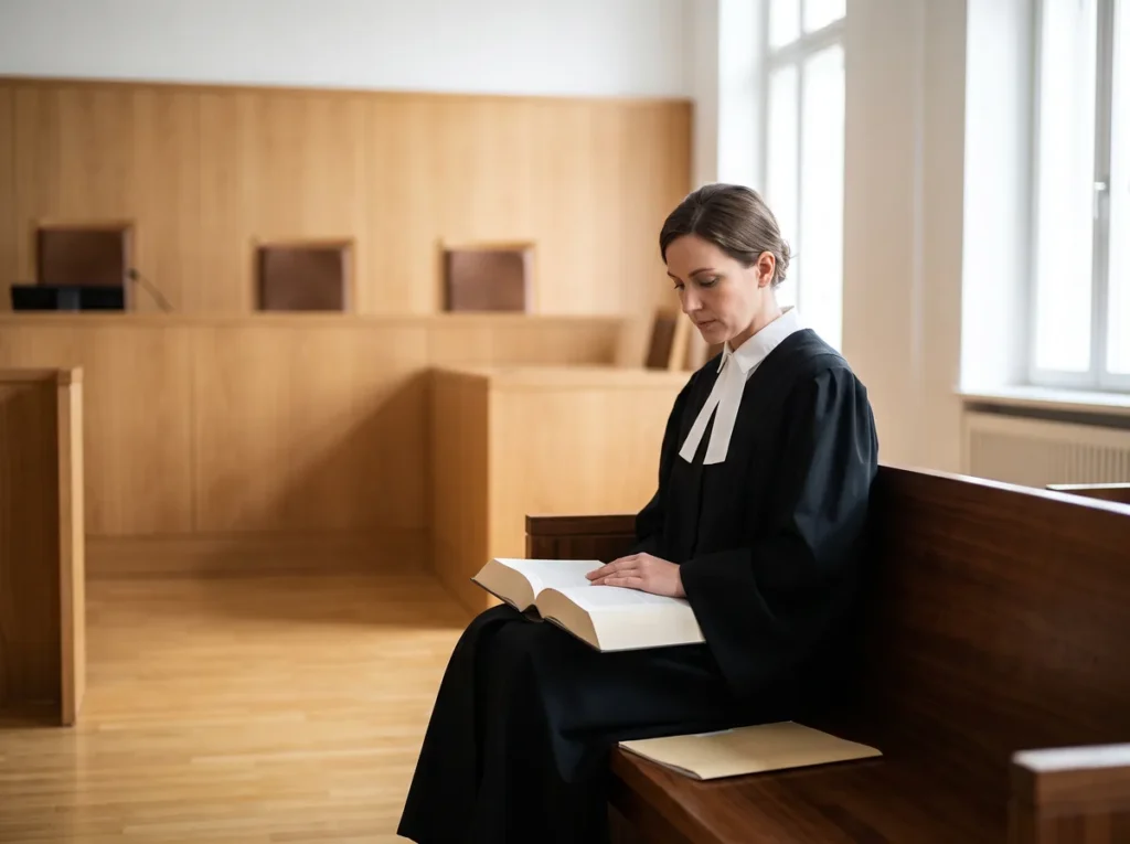 Juristă în robă neagră, așezată singură în banca din față a unei săli de judecată goale, cu un volum de legislație deschis pe genunchi