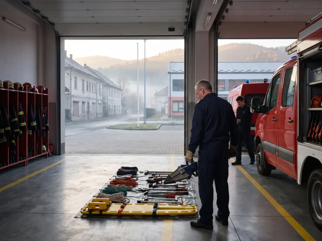 Un pompier trecut de cincizeci de ani verifică foarfeca hidraulică din lada laterală a unei autospeciale, în remiza deschisă.