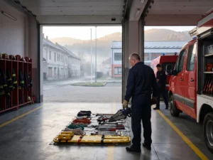 Un pompier trecut de cincizeci de ani verifică foarfeca hidraulică din lada laterală a unei autospeciale, în remiza deschisă.