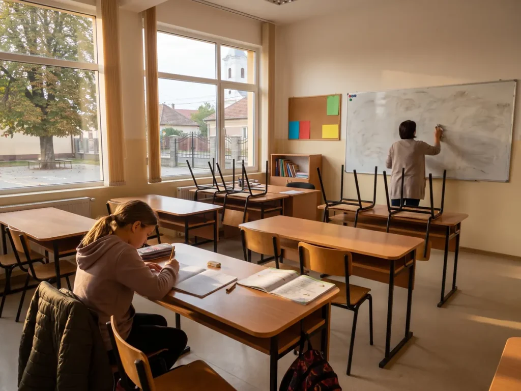 O elevă rezolvă singură exerciții într-o clasă goală, în timp ce profesoara șterge tabla la sfârșitul zilei.