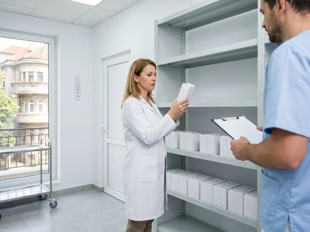 Farmacistă de spital ridicând una dintre ultimele cutii albe rămase pe un raft aproape gol dintr-un depozit de farmacie, ilustrare pentru ordinul care coboară la 70% pragul de la care se poate autoriza al doilea furnizor de medicamente pentru nevoi speciale