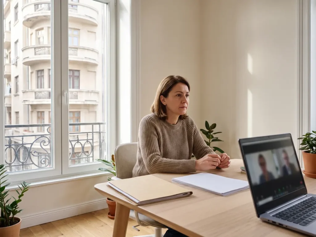 Femeie într-un birou luminos, în fața unui laptop pe care se desfășoară o videoconferință, cu documente pe masă.
