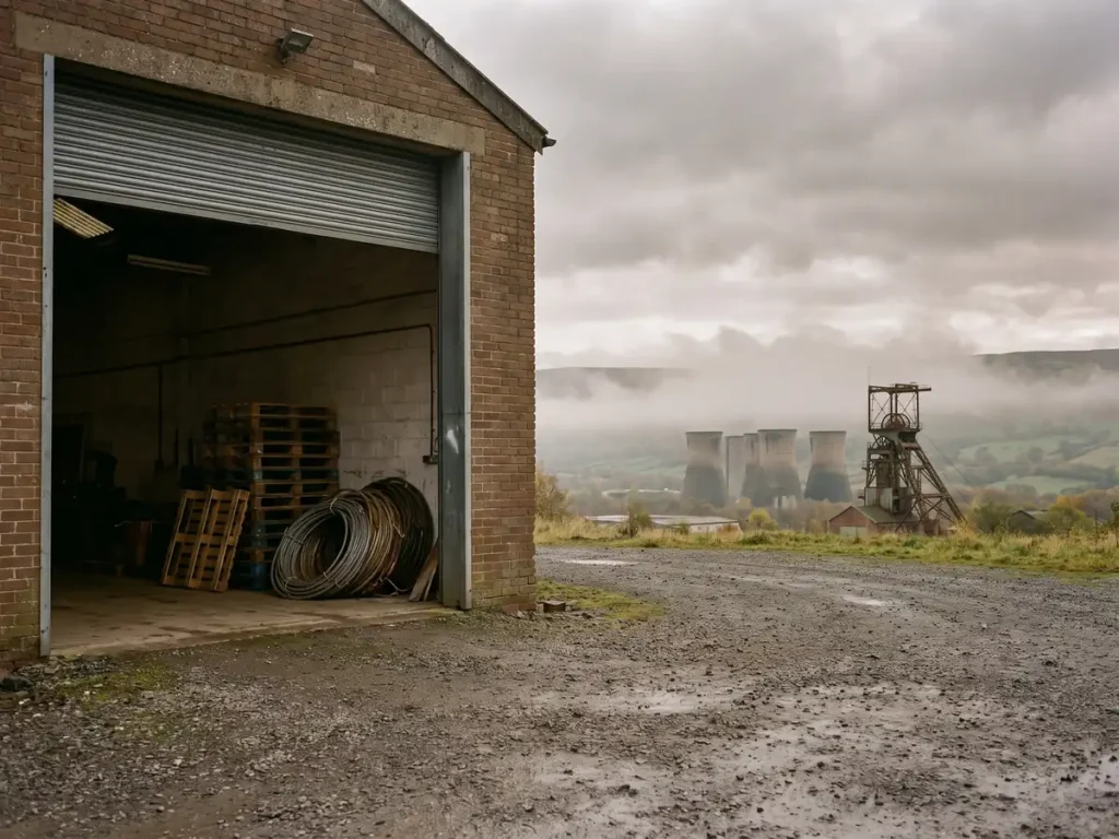 Hală mică într-un oraș post-industrial, cu ușa rulantă deschisă, având în fundal turnurile de răcire ale unei mine închise.