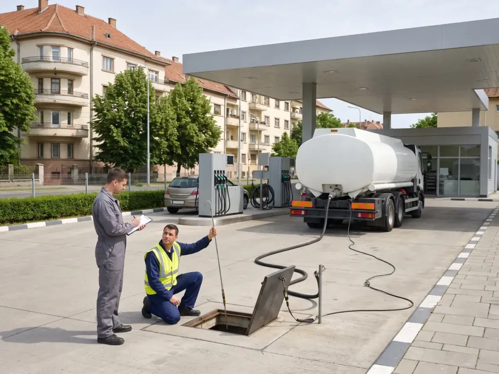 Un angajat al unei benzinării măsoară cu tija rezervorul în timpul unei livrări de carburant, în timp ce un coleg notează cantitatea pe o planșetă, într-o stație de la marginea unui oraș românesc