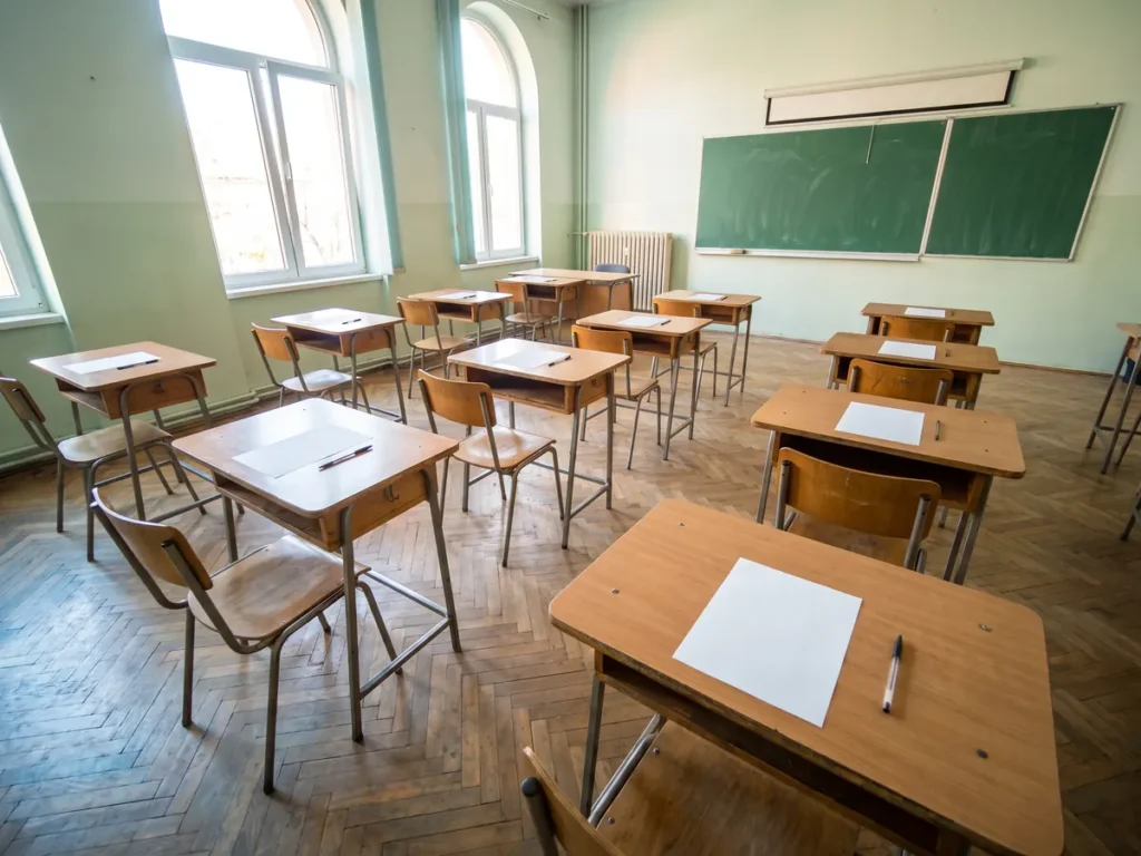 Sală de clasă de liceu pregătită pentru o probă scrisă de bacalaureat, cu bănci individuale distanțate și foi albe