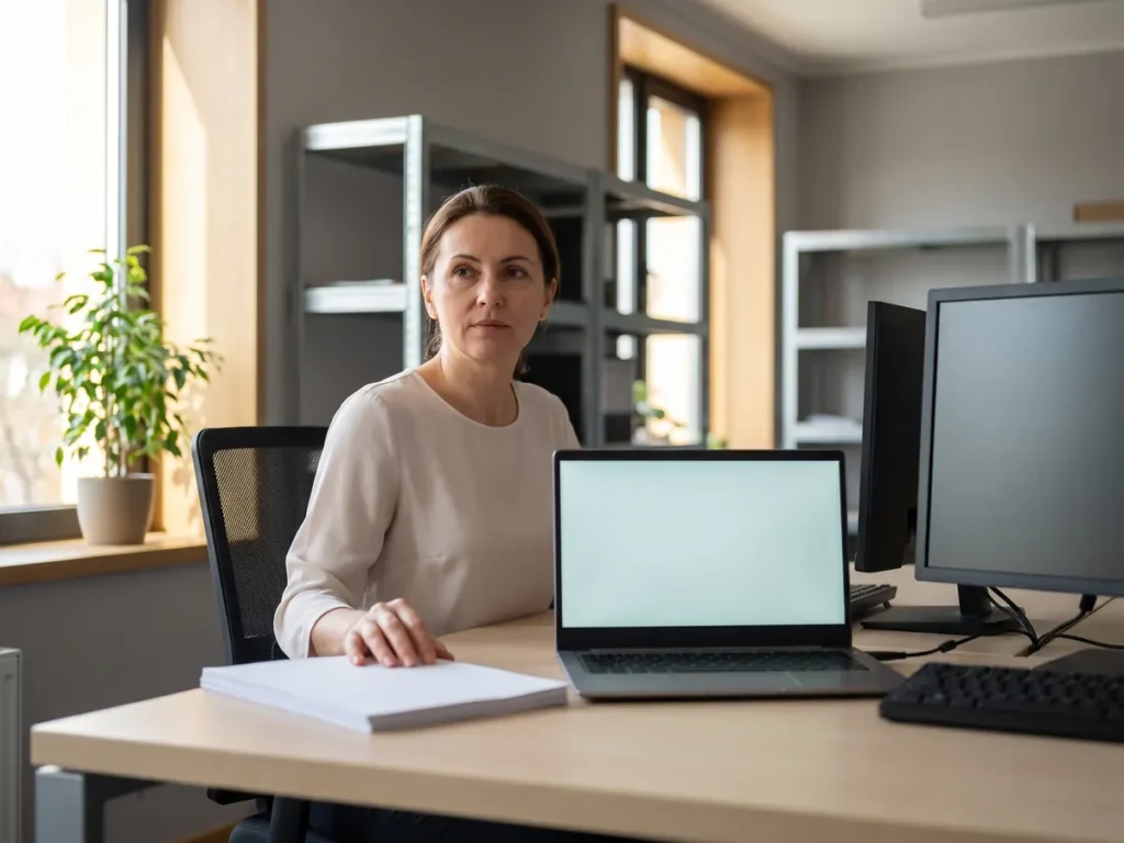 Contabilă lucrând la laptop într-un birou modern de contabilitate