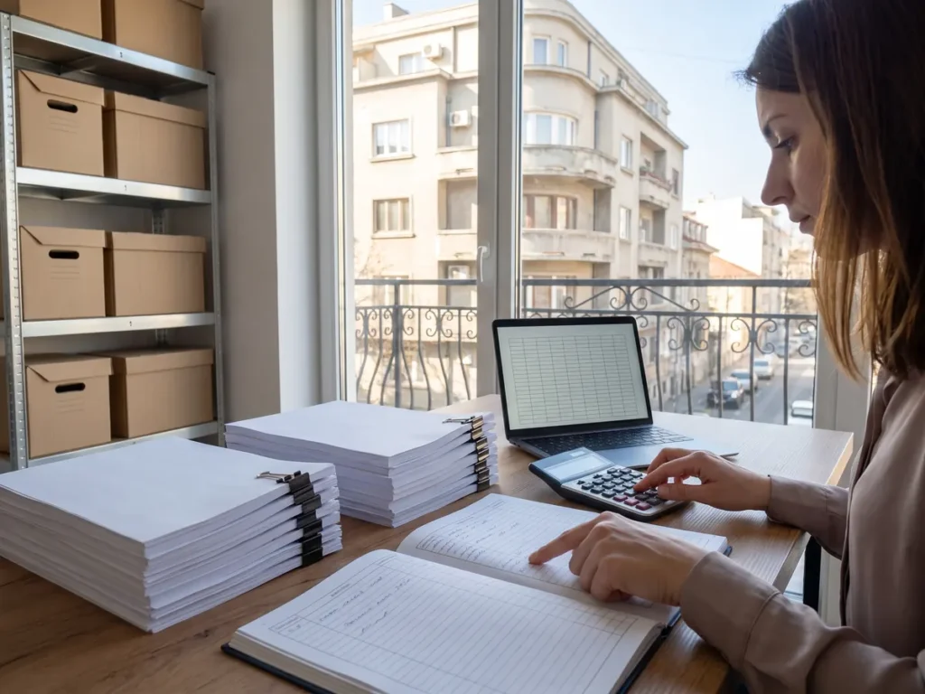Contabilă verifică teancuri de facturi și un registru cu coloane, cu calculatorul de birou alături, pentru un decont de TVA cu rambursare