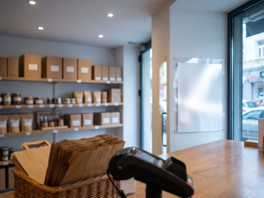 Suport transparent cu o coală albă pe peretele de lângă casa de marcat a unui magazin mic