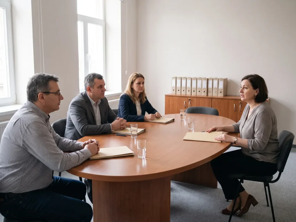 Membrii unei comisii la masa de ședințe, într-o sală sobră de instituție publică, cu dosare închise în față