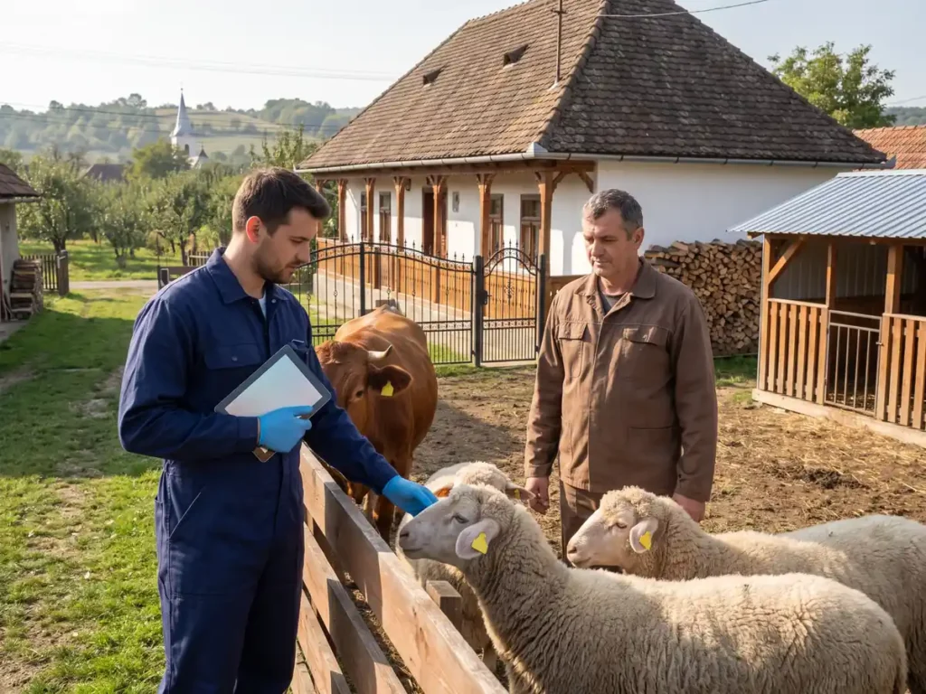 Medic veterinar cu tabletă în mână, lângă oi și o vacă, în curtea unei gospodării din România