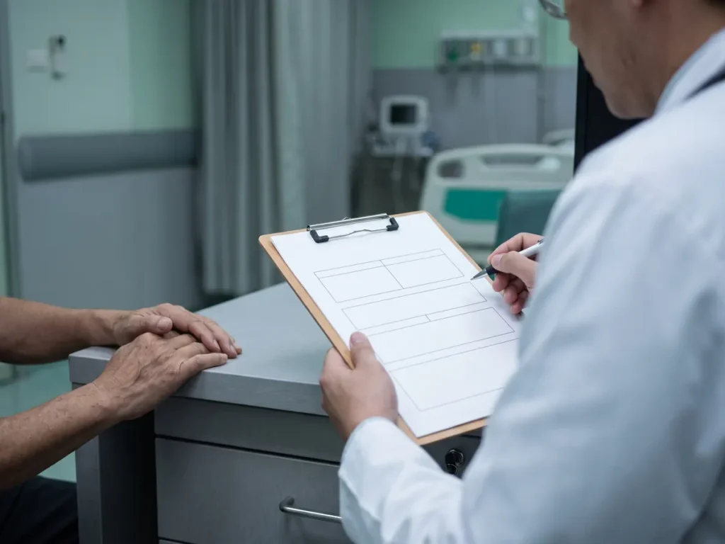 Medic oncolog completând un formular tipărit la biroul de consultații, ilustrând formularele specifice CNAS pentru protocoalele terapeutice