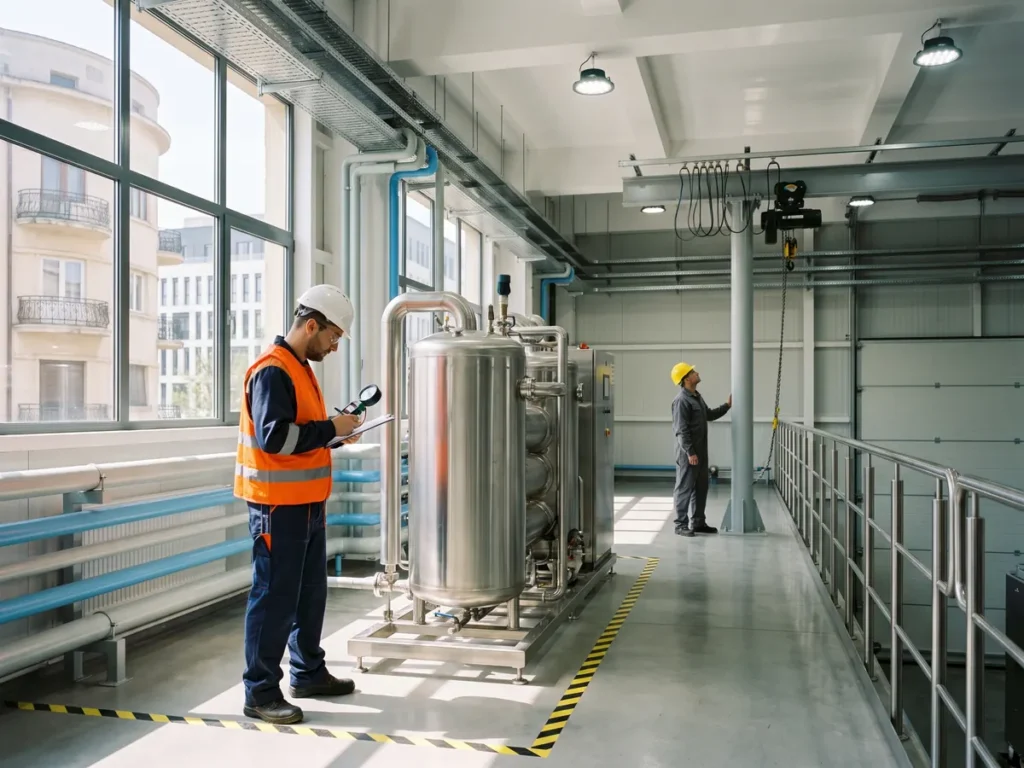 Tehnician cu cască de protecție la panoul de comandă al unui cazan, într-o hală industrială îngrijită, cu instalație de ridicat în fundal
