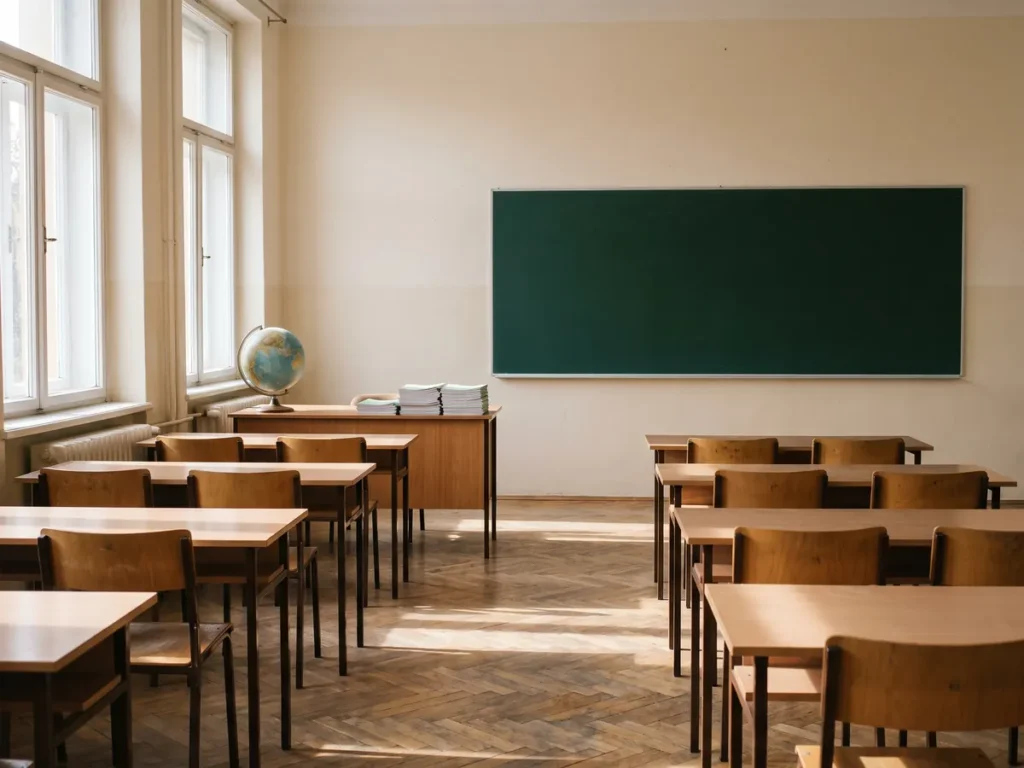 Sala de clasa goala de scoala primara, cu tabla stearsa si banci de lemn
