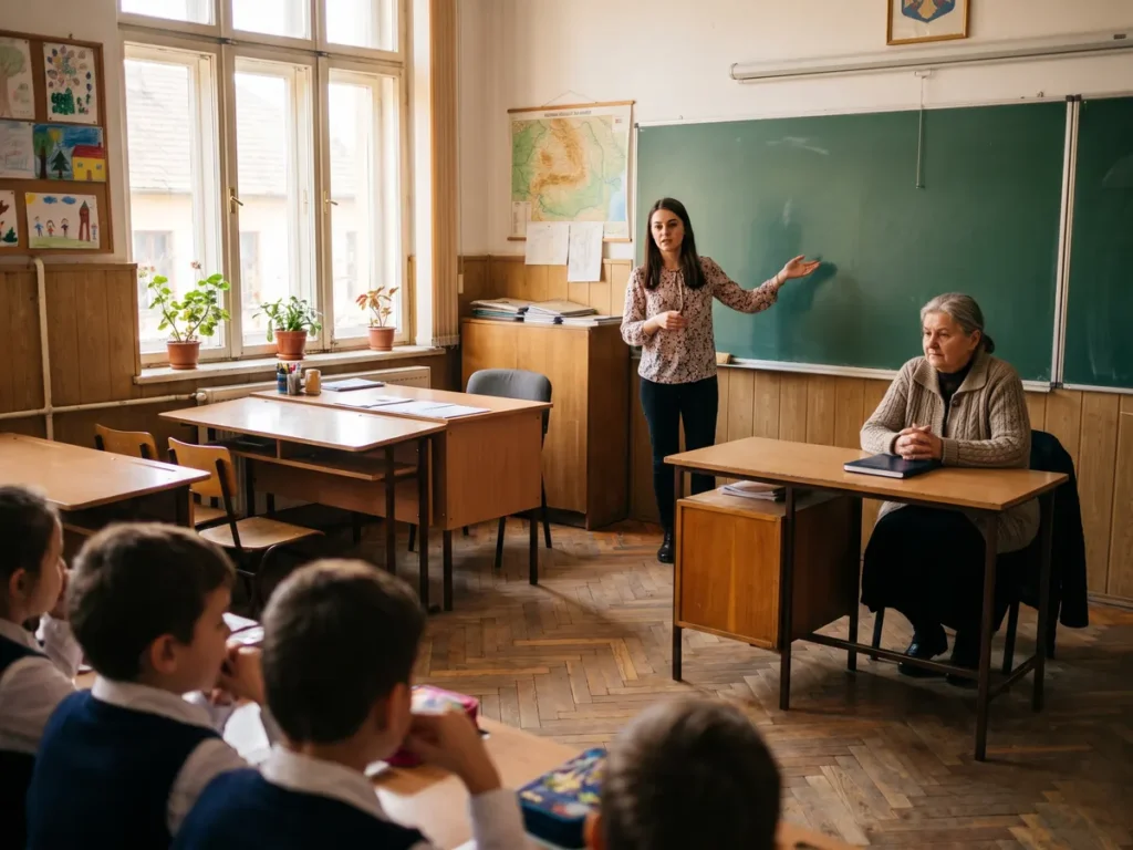 Profesor debutant care predă la tablă într-o clasă de școală primară, urmărit de un profesor mentor așezat lateral