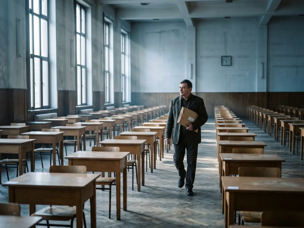 Sală de examen de liceu pregătită dimineața, cu bănci individuale distanțate și un profesor care aduce plicul sigilat cu subiecte