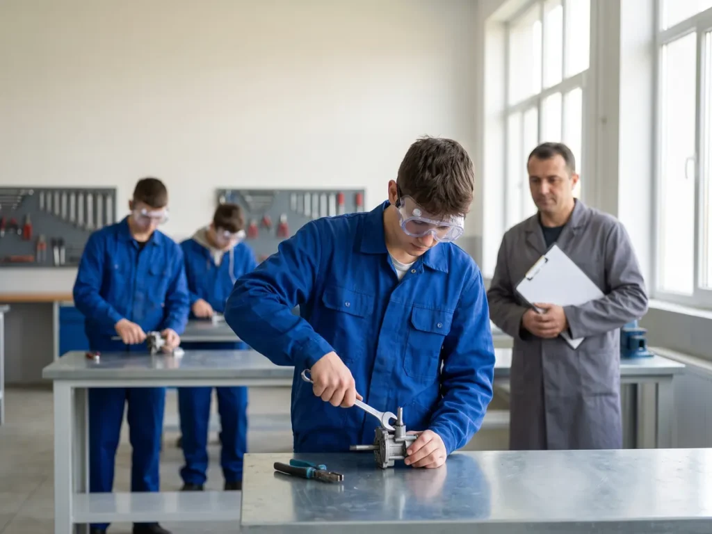 Elevi de liceu tehnologic la proba practică de certificare, în atelierul școlii