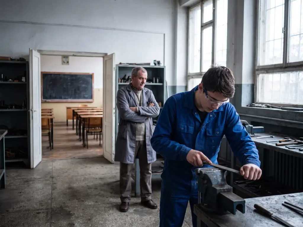 Elev în salopetă de lucru la bancul de lucru dintr-un atelier de școală profesională, cu o sală de clasă goală vizibilă în fundal