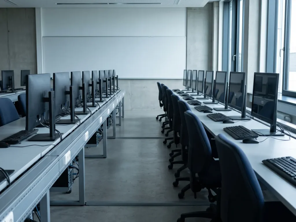 Laborator de informatica gol, cu monitoare stinse si tabla alba