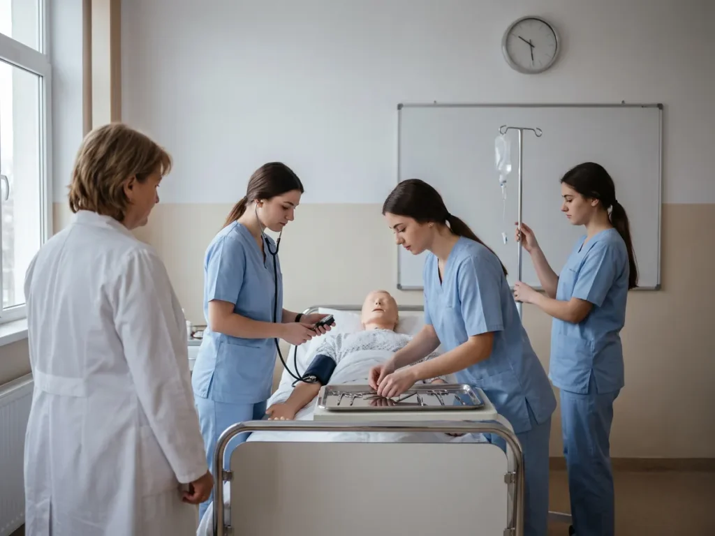 Studente într-o sală de pregătire practică a unei școli postliceale sanitare, exersând pe un manechin sub îndrumarea unei profesoare în halat alb