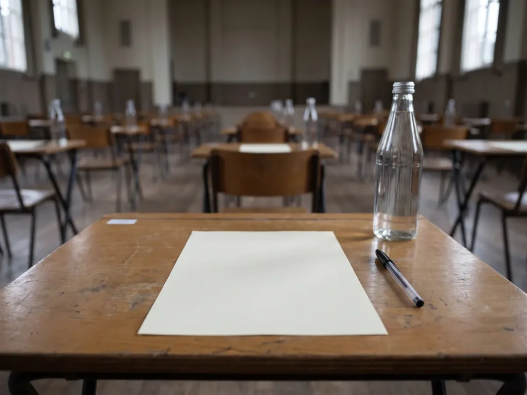 Banca de examen cu o coala alba si un pix, intr-o sala cu banci goale