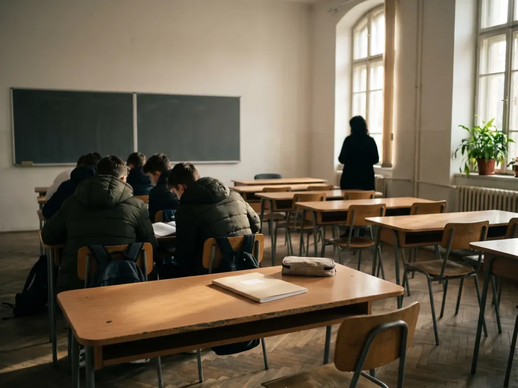 Sală de clasă pe jumătate goală, cu un grup de elevi strânși în primele bănci, văzuți din spate