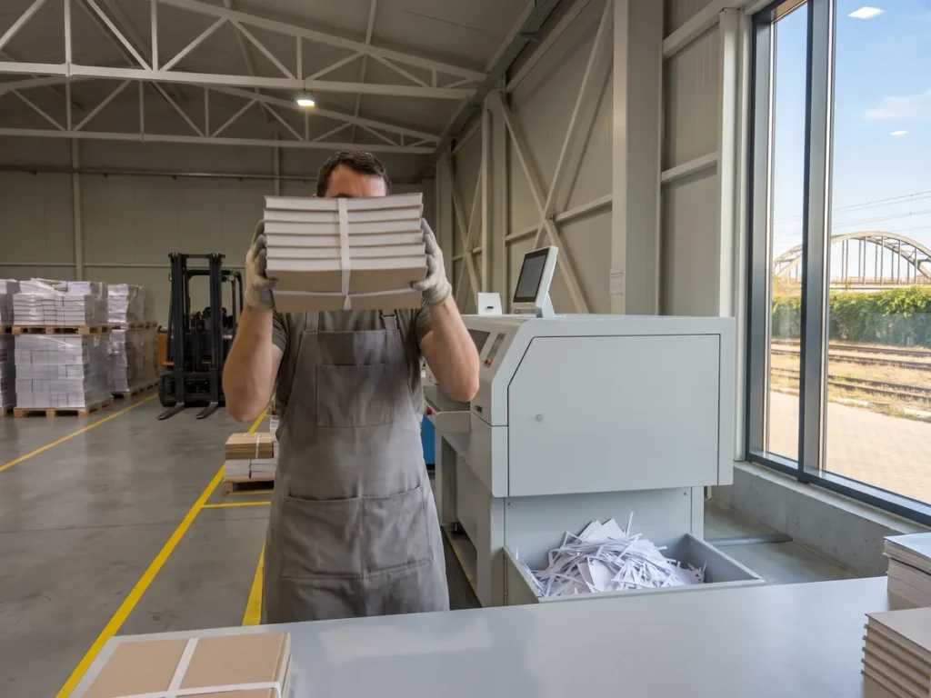 Un muncitor ridică de pe masa de ieșire un pachet legat de manuale proaspăt tăiate, la capătul liniei de broșat dintr-o tipografie.