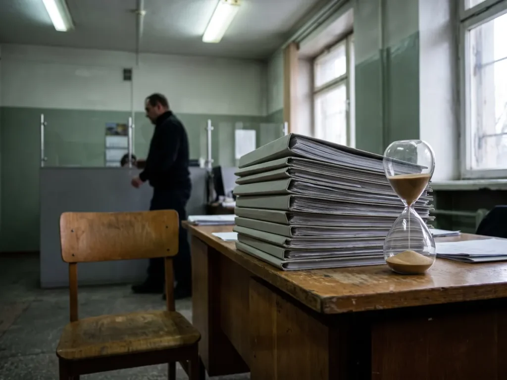 Birou de administrație publică cu teanc de dosare, o clepsidră și un scaun gol pentru solicitant