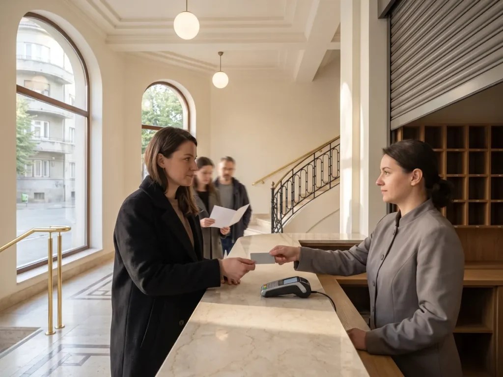 Femeie care plătește cu cardul la casa de bilete din foaierul unui teatru interbelic restaurat, ilustrare pentru majorarea plafonului tichetelor culturale la 260 de lei pe lună