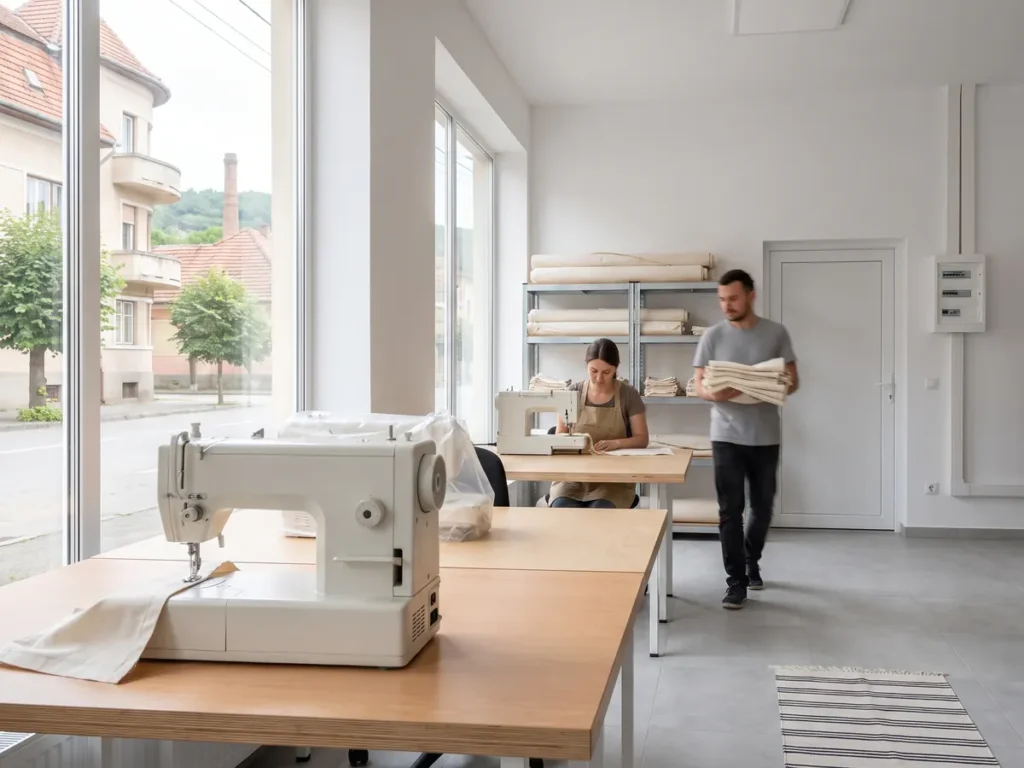Atelierul unei întreprinderi sociale dintr-un oraș de provincie din România, cu mașini de cusut industriale și un echipament nou, încă pe jumătate despachetat, pe masa de croit.