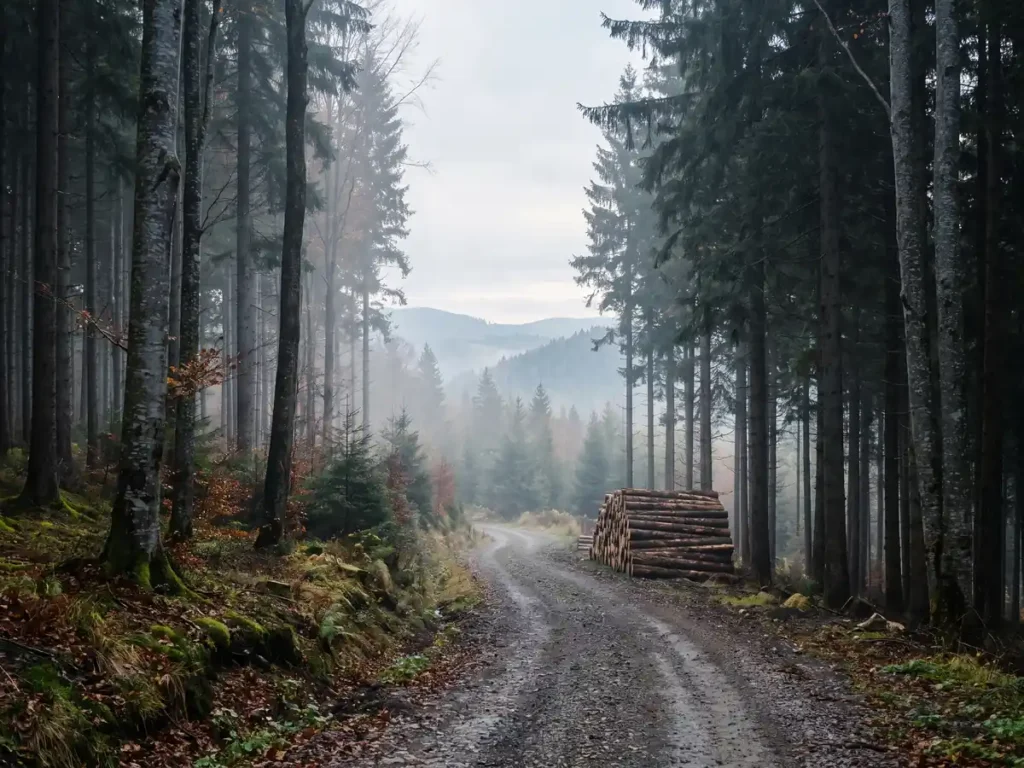 Drum forestier de pietriș prin pădure de fag și molid, cu o stivă mică de bușteni pe margine, în ceață