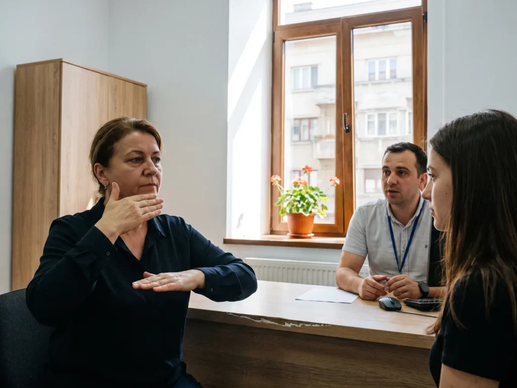 Interpretă în limba semnelor formând un semn cu ambele mâini în fața unei tinere surde, la biroul unui serviciu public din România