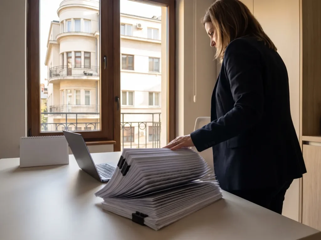 Birou financiar al unei companii farmaceutice din București, cu un teanc gros de pagini tipărite pe masă, imagine care ilustrează lista celor 5.469 de medicamente clasificate în tip I și tip II