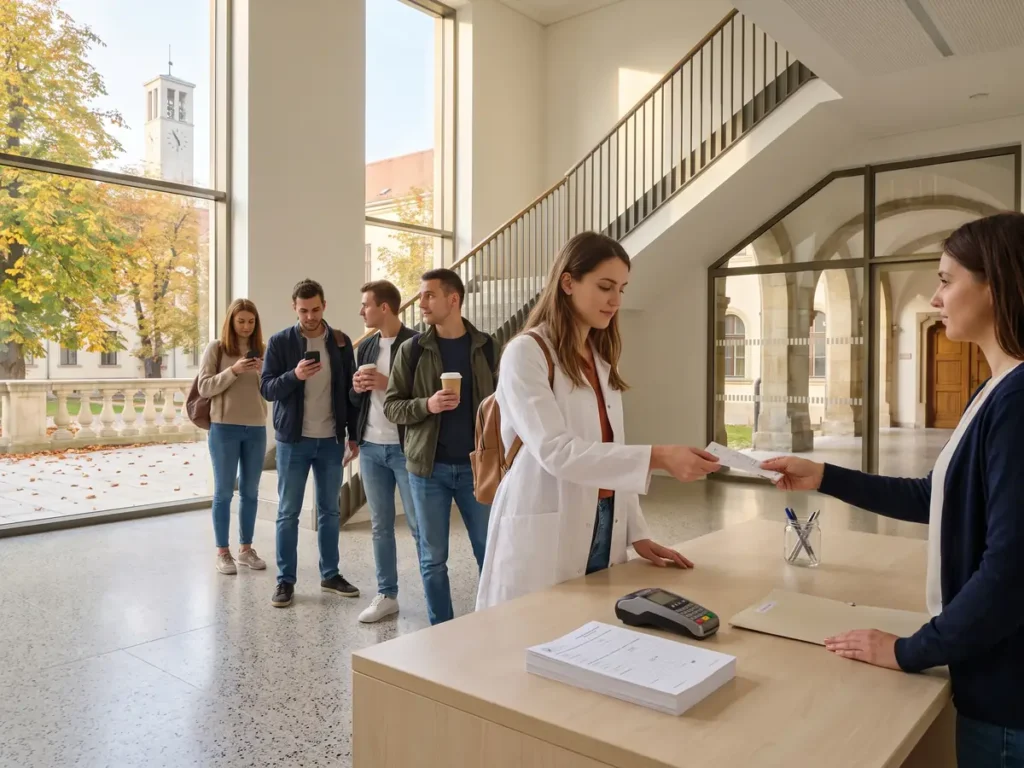 O tânără medic întinde chitanța de plată peste ghișeul de înscrieri al unei universități de medicină, cu alți candidați la rând.